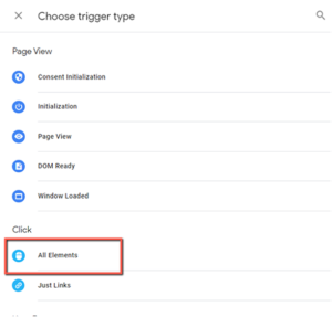 Choose trigger type window highlighing All Elements. 